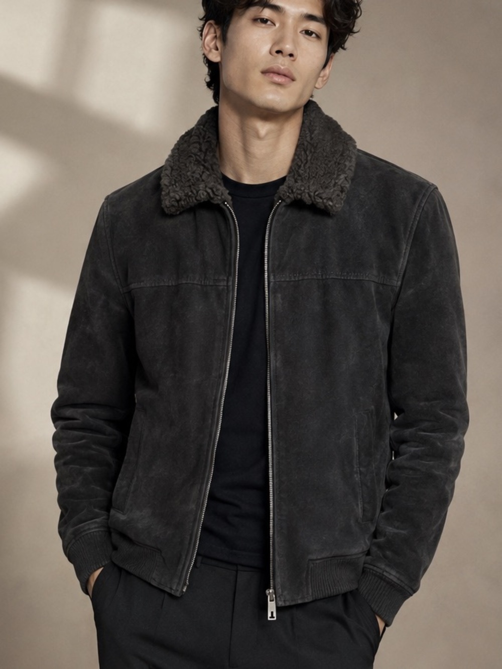 Ted baker black suede lamb shearling collar bomber jacket L
